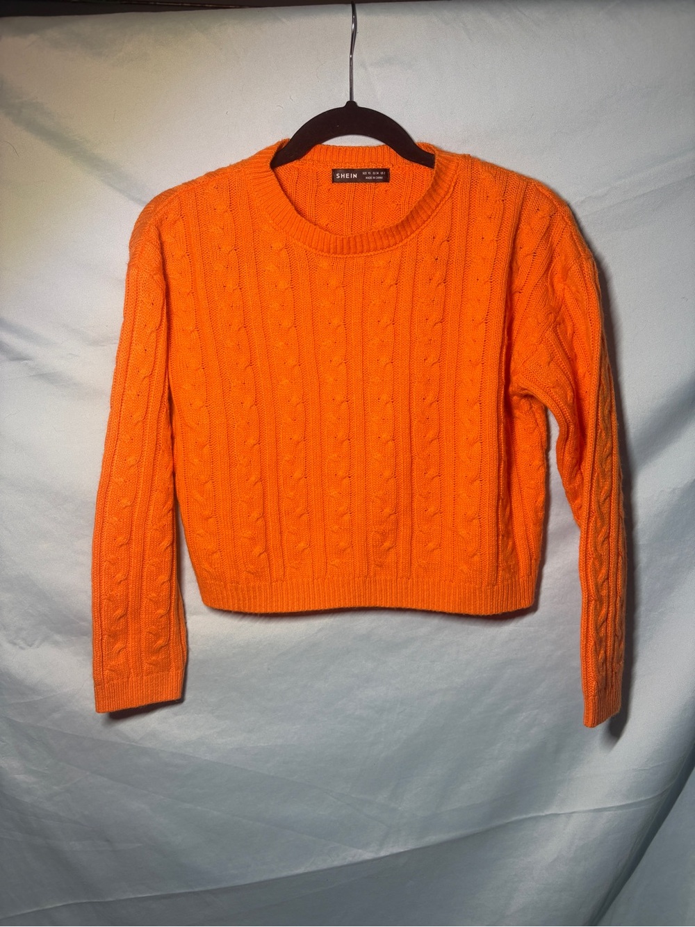 SHEIN Bright Orange Cable-Knit Crewneck Sweater